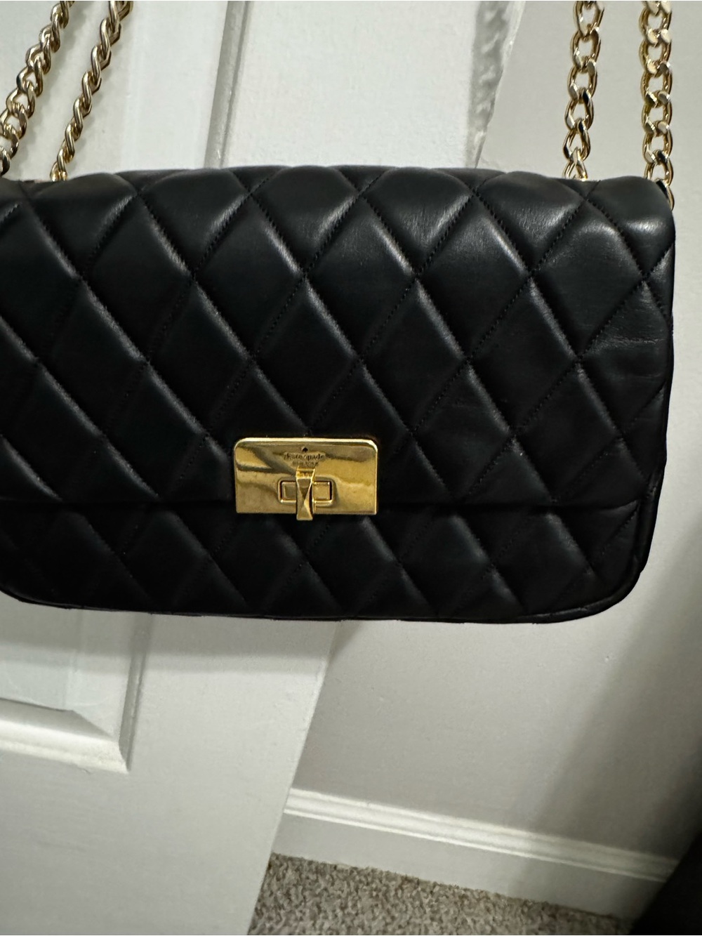 kate spade Black Quilted Leather Crossbody with Gold Chain